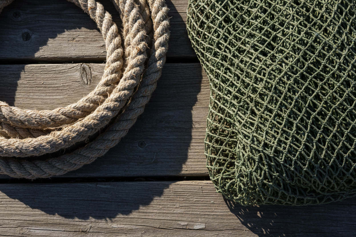 Aufgerolltes Tau und ein zusammengelegtes Fischernetz auf verwitterten Bohlen eines Stegs
