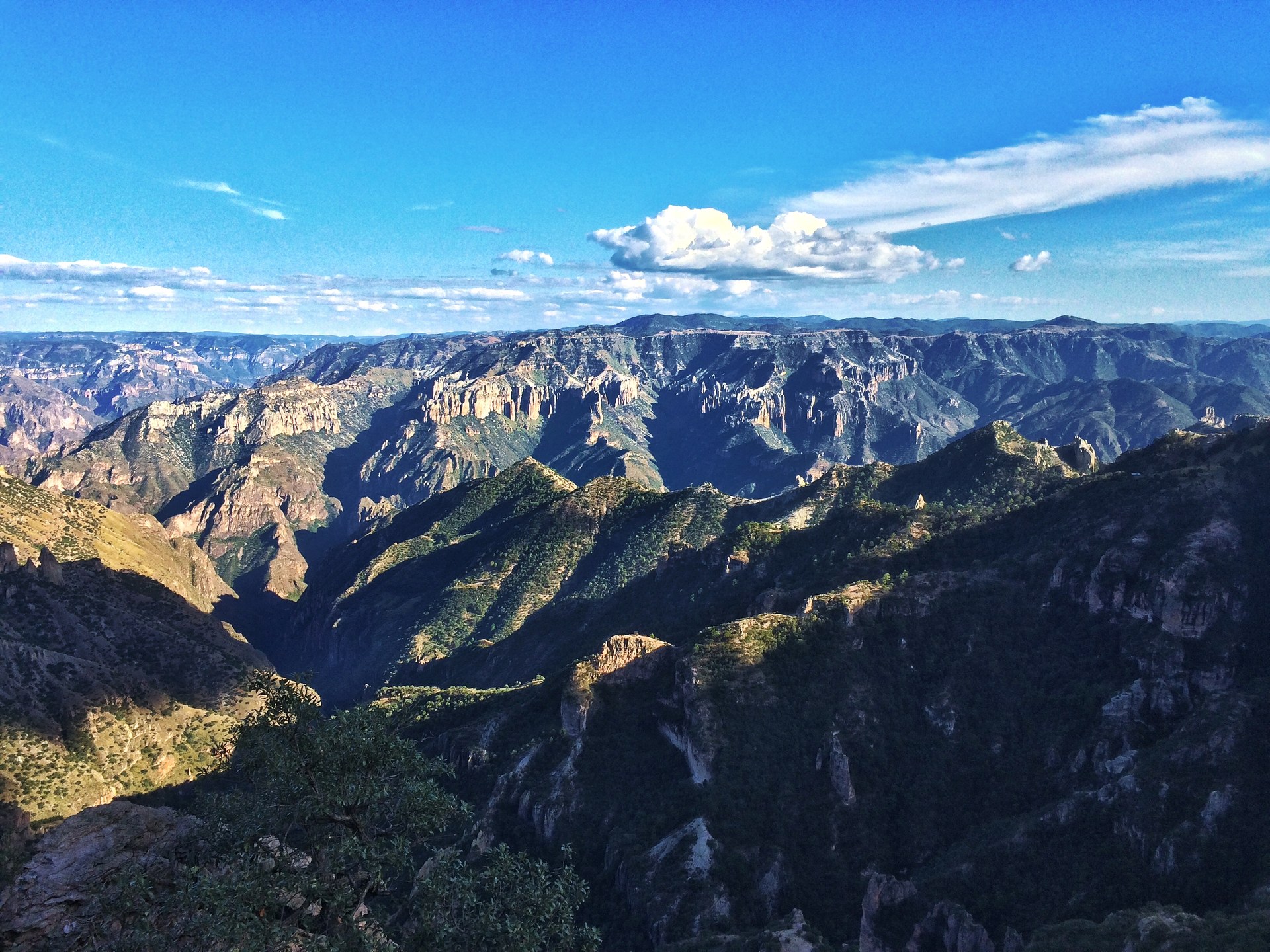 Layer after layer of canyon ridges under a blue sky, seen from the rim at Divisadero