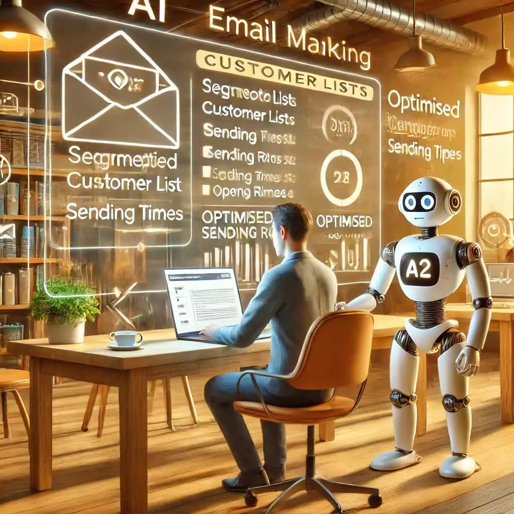 A Businessman Sits At A Desk With A Laptop, While A Robot Stands Nearby. Digital Displays Show &Quot;Ai Email Making,&Quot; &Quot;Customer Lists,&Quot; And Related Data. The Setting Is A Modern Office.