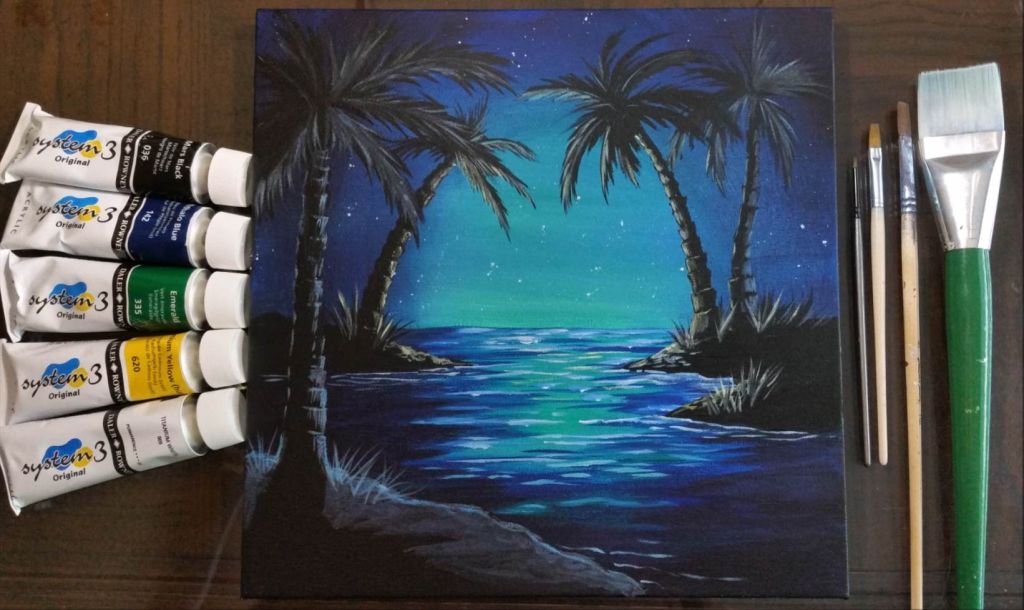Tropical scene at night painted with acrylic on canvas