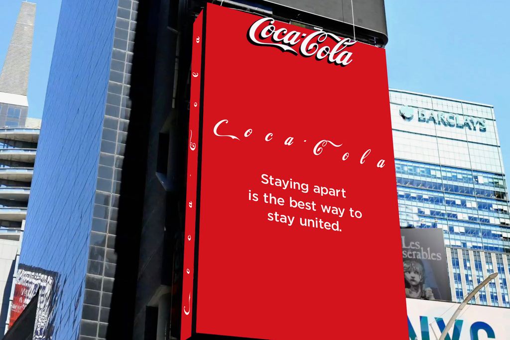 coca-cola, social distancing logo, staying apart is the best way to stay united, coke, times square, billboard