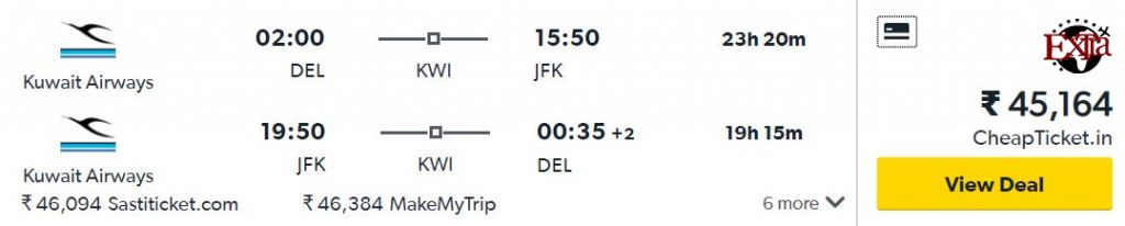 Delhi to New York round-trip for ₹45164 ($650)