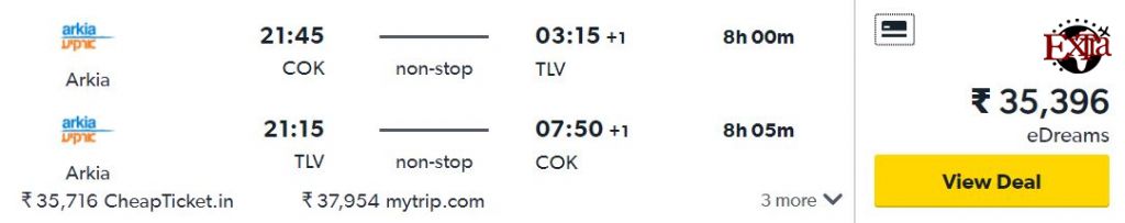 Kochi to Tel Aviv, Israel round-trip for ₹35396 ($509)