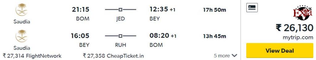 Mumbai to Beirut round-trip for ₹26130 ($377)