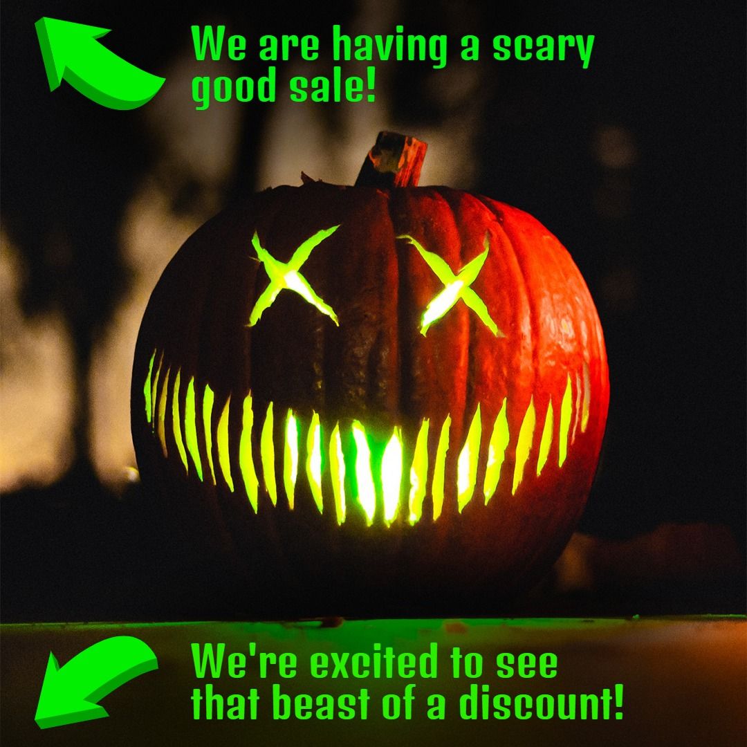 A Pumpkin With A Green Arrow Pointing To A Scary Good Sale.