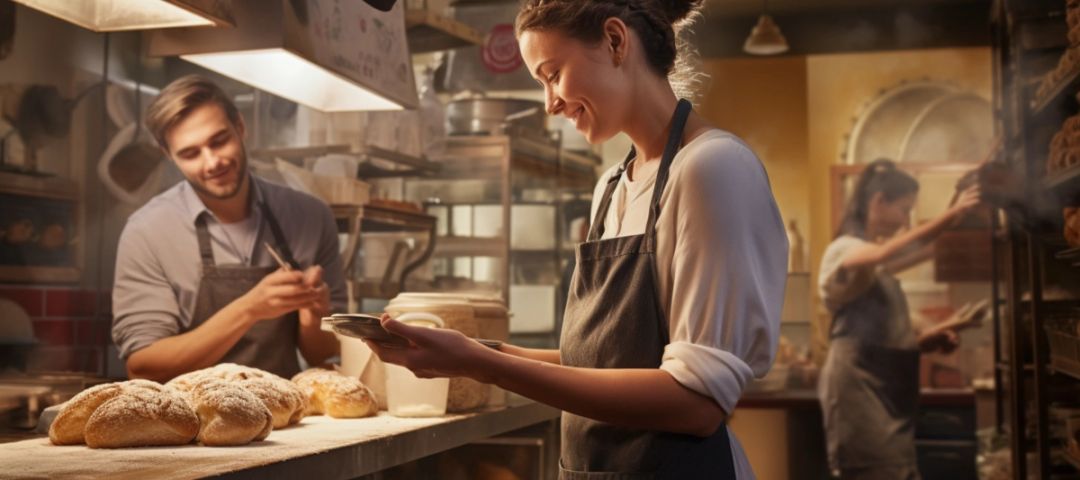 A woman in an apron is working in a bakery.