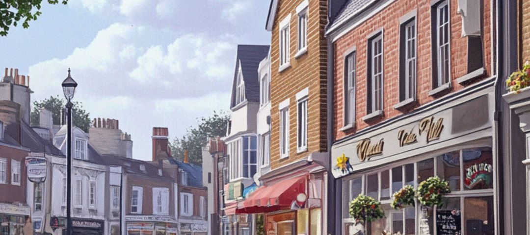 Charming Village Street With Quaint Shops, Including A Bakery And Cafe. Cobbled Road, Outdoor Menu Boards, And A Tree-Lined Background Under A Partly Cloudy Sky.