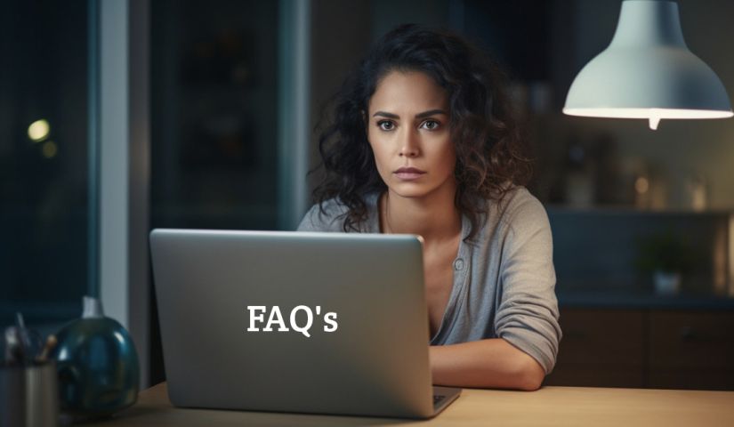 A Woman Sitting At A Table With A Laptop And The Word Faqs On It.