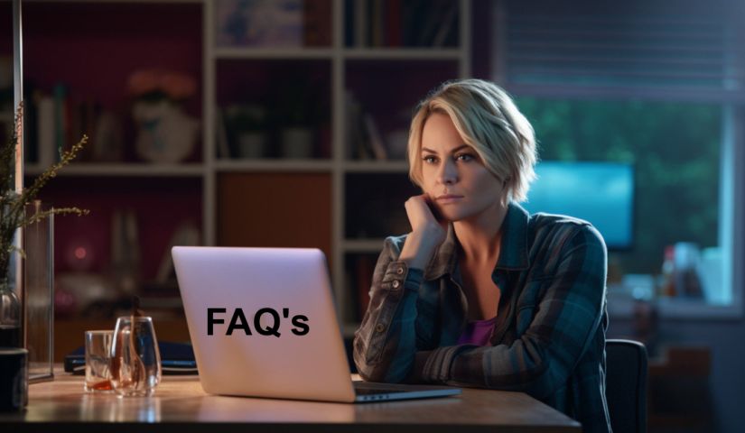 A Woman Sitting At A Table With A Laptop And The Word Faq'S On It.