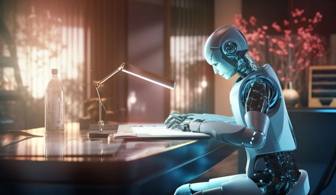 A Robot Sitting At A Desk Working On A Laptop Creating A Treatment List For A Med Spa
