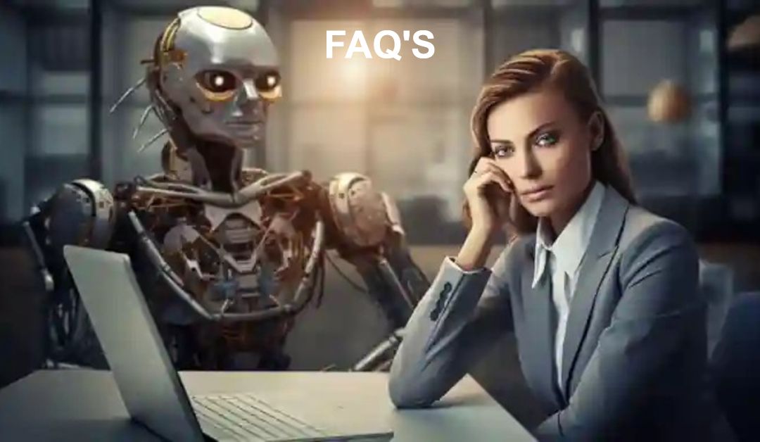A Woman Sitting At A Desk With A Robot.
