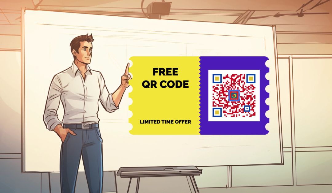 A Man Is Pointing To A Qr Code That Says Free Or Code.