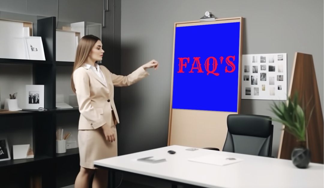 A Woman Pointing To A Blue Board With The Word Faqs On It.