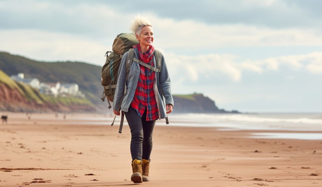 A Woman Walking On The Beach With A Backpack.