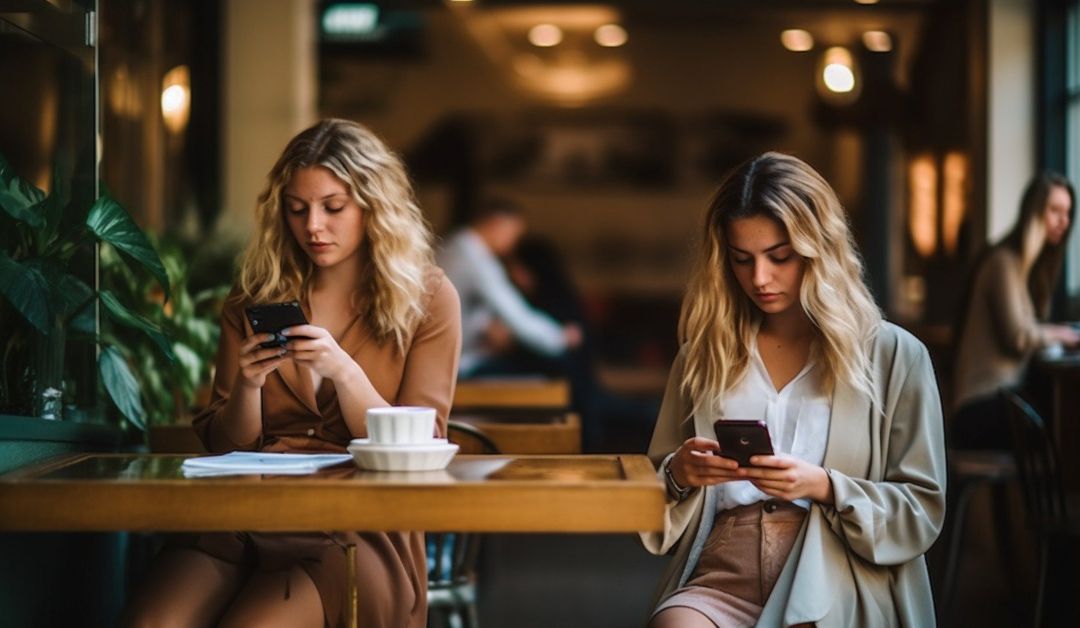 Two Women Sitting At A Table Looking At Their Cell Phones.
