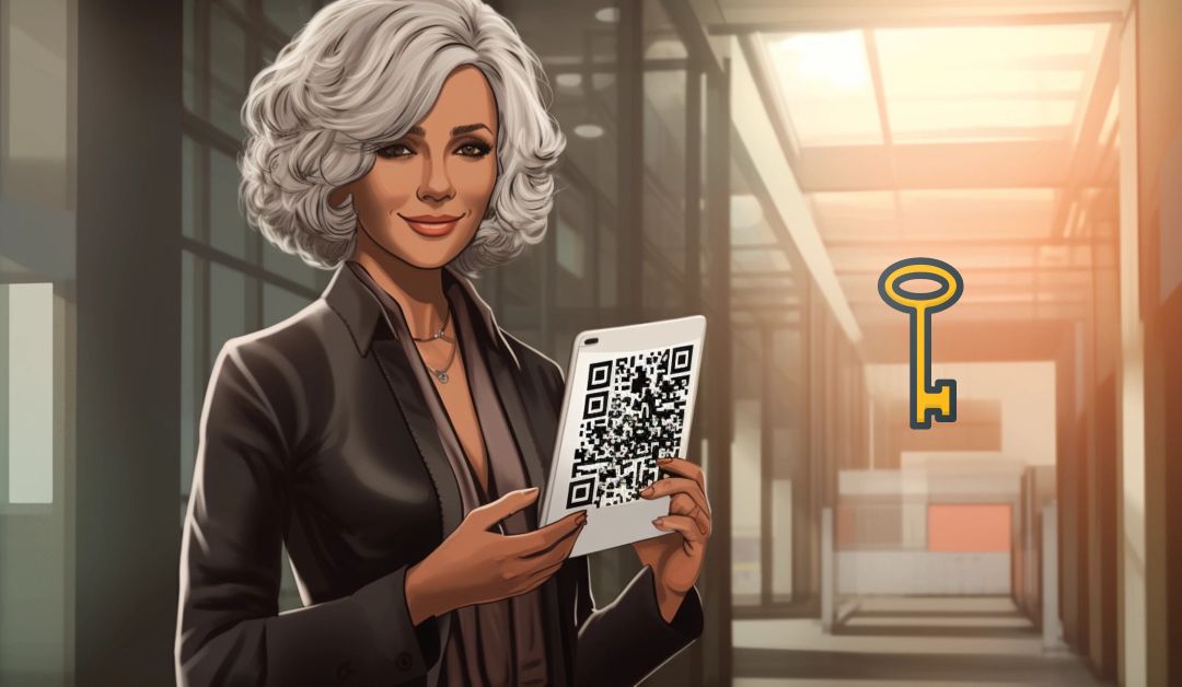 A Woman Holding A Tablet With A Qr Code.