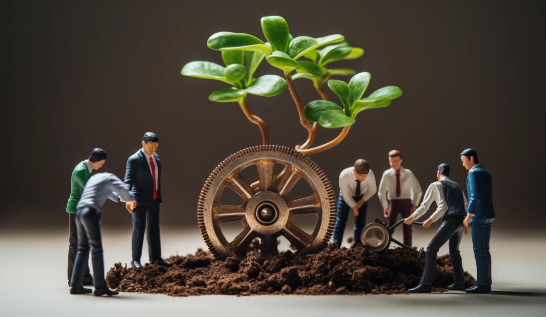 A Group Of Toy Business People Standing Around A Wheel And Nuturing A Plant.