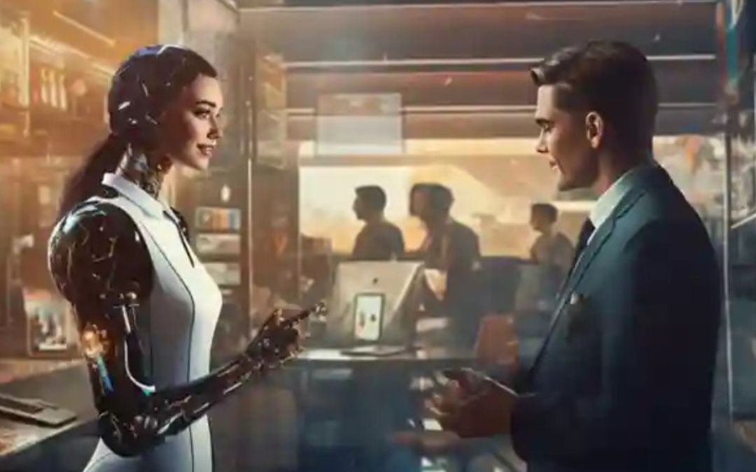 A man and a woman talking in front of a robot. AI Marketing for Small Business