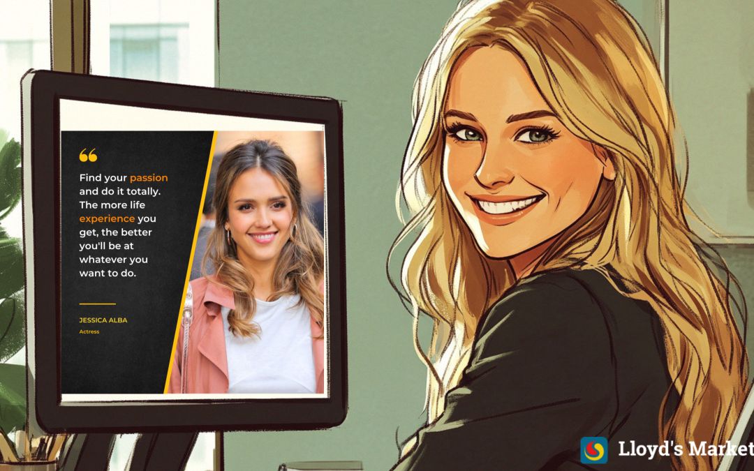 A woman smiles at her office desk. On her monitor is a motivational poster featuring a quote and a picture of another woman, identified as Jessica Alba, an actress. The poster encourages embracing passion.