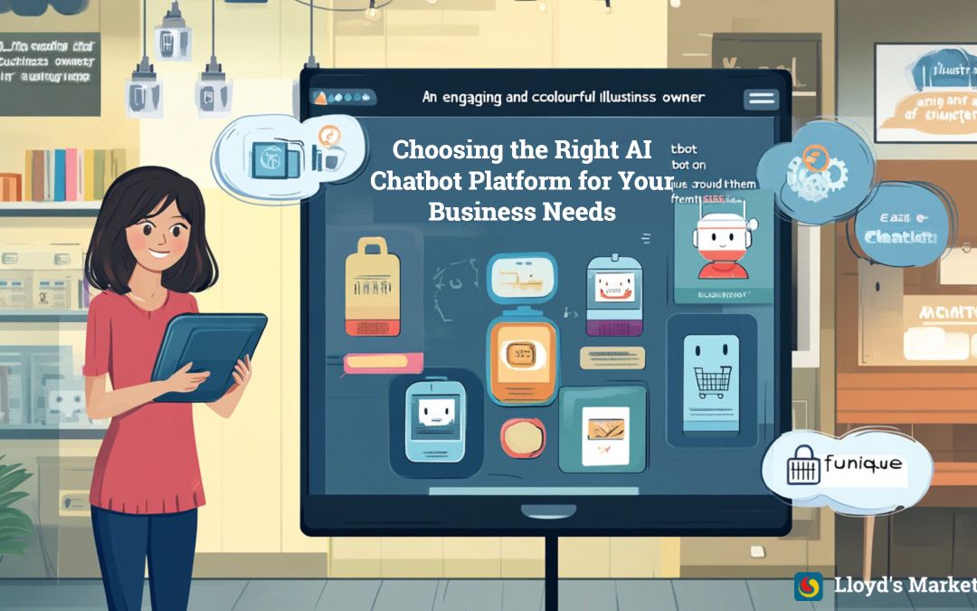 Illustration of a woman shop owner standing beside a digital board displaying AI chatbot platforms. She holds a tablet, and various chatbot graphics are shown on the screen.