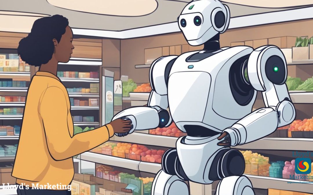 A robot is shaking hands with a woman in a grocery store.
