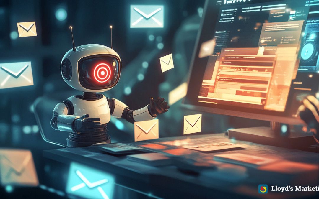 A robot interacts with a computer, surrounded by digital envelopes representing emails, seamlessly implementing AI chatbots in email marketing strategies.