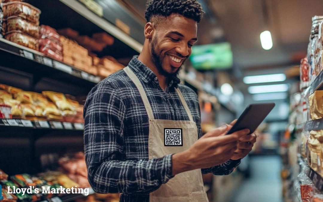 A store employee wearing an apron and holding a tablet smiles while standing in a grocery store aisle. "Lloyd's Marketing" logo appears at the bottom left corner.