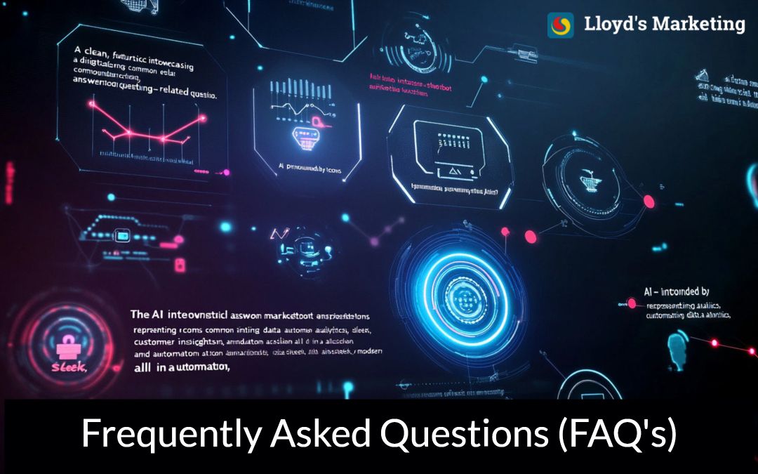 Digital interface displaying various AI and tech-related graphics and information with "Lloyd's Marketing" logo at the top. The title "Frequently Asked Questions (FAQ's)" is shown at the bottom.