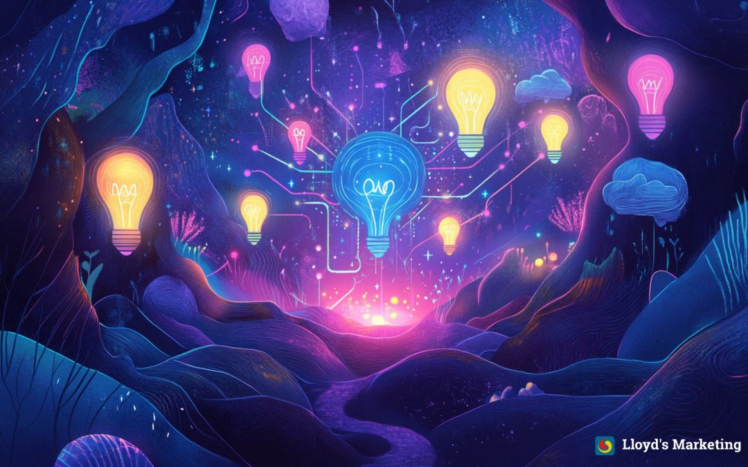 A Vibrant, Glowing Digital Art Scene With Floating Lightbulbs Connected By Circuits Over A Surreal Landscape Depicting Creativity And Innovation.