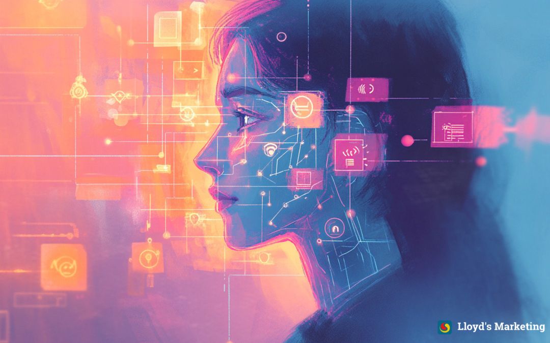 Digital Artwork Of A Woman'S Profile Surrounded By Colourful Tech Symbols, Grids, And Circuit Designs. Logo Says &Quot;Lloyd'S Marketing&Quot; In The Bottom Right Corner.