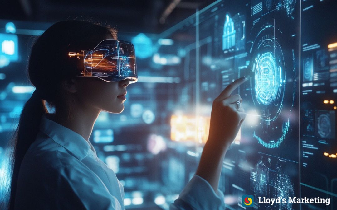 A Person Wearing Augmented Reality Glasses Interacts With A Digital Interface Displaying Various Graphs And Data Visualizations. &Quot;Lloyd'S Marketing&Quot; Logo Is In The Bottom Right Corner.