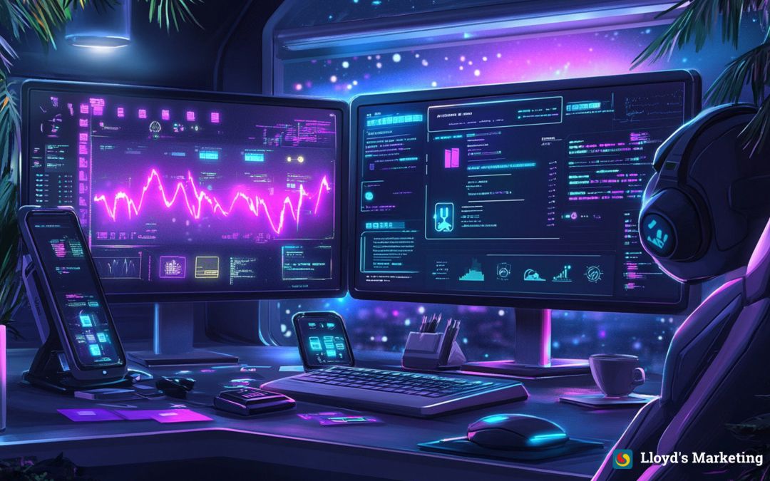 A Futuristic Workspace With Dual Monitors Displaying Colourful Digital Graphs And Data, A Keyboard, And Headphones, All Illuminated By Neon Lights.