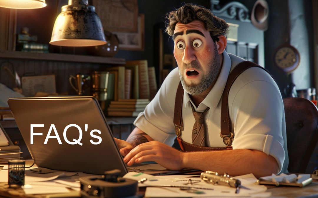 A Surprised Man With A Beard And Suspenders Sits At A Cluttered Desk, Looking At A Laptop Screen Displaying The Word &Quot;Faq'S.