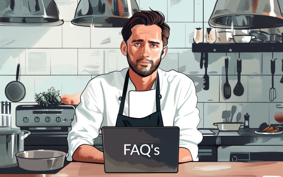 A chef in a kitchen, wearing a white coat and apron, stands in front of a laptop displaying "FAQ's" on the screen.