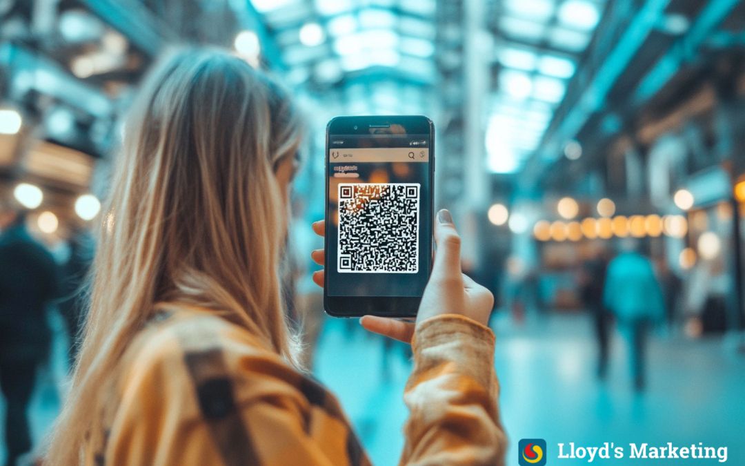 A woman scans a QR code on her phone in a brightly lit indoor setting. The environment appears to be a large atrium with blurred background activity. A logo reading "Lloyd's Marketing" is visible.