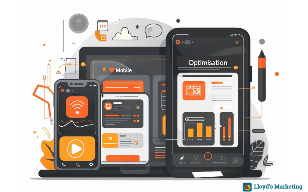 Illustration Of Various Digital Screens Displaying Mobile App Interfaces Optimised For Devices Like Smartphones And Tablets. Background Elements Include Graphs, Clouds, And Technical Icons.