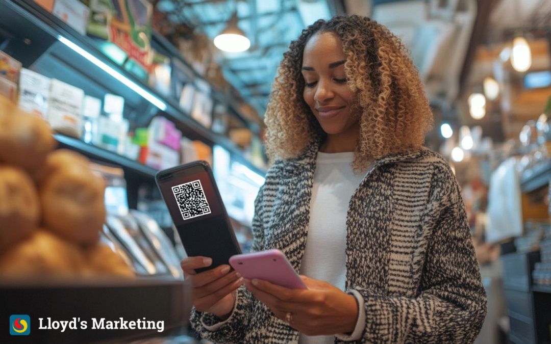 A woman in a grocery store scans a QR code on her phone. She stands near a shelf stocked with various items. The logo "Lloyd's Marketing" is visible in the bottom left corner.