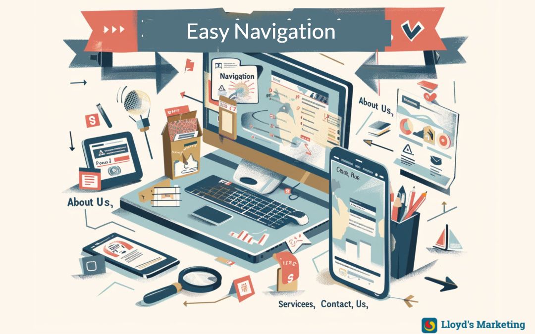 Illustration Of A Cluttered Digital Workspace With Screens Showing Navigation Options, Services, And Contact Information. Text Reads “Easy Navigation.” Lloyd’s Marketing Logo Is At The Bottom Right.