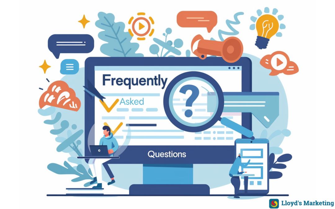 Illustration Of A Faq Webpage With Icons Representing Queries, Ideas, And Communication. Features People Interacting With The Page, Including One Using A Laptop And Another With A Notepad.