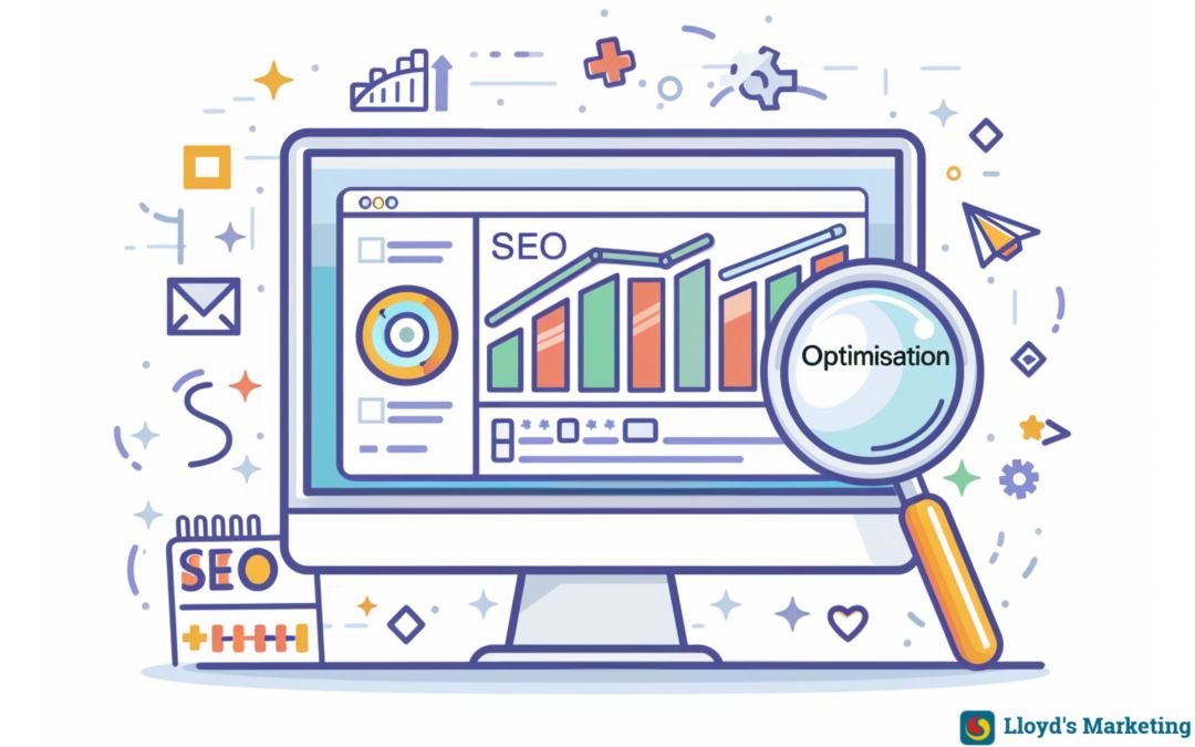 Illustration Of A Computer Screen Displaying Graphs And Charts Labelled &Quot;Seo&Quot;. A Magnifying Glass Highlights The Word &Quot;Optimisation&Quot;. Various Icons And A Calendar Are In The Background. &Quot;Lloyd'S Marketing&Quot; Is In The Corner.