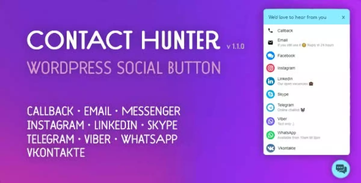 [WISH] Contact Hunter WordPress Button — Facebook Messenger, WhatsApp, Skype, callback and