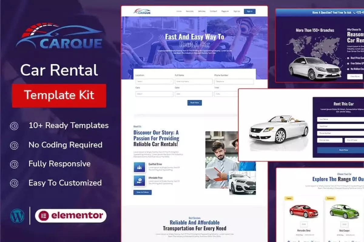 CarQue - Car Rental &amp; Auto Services Elementor Template