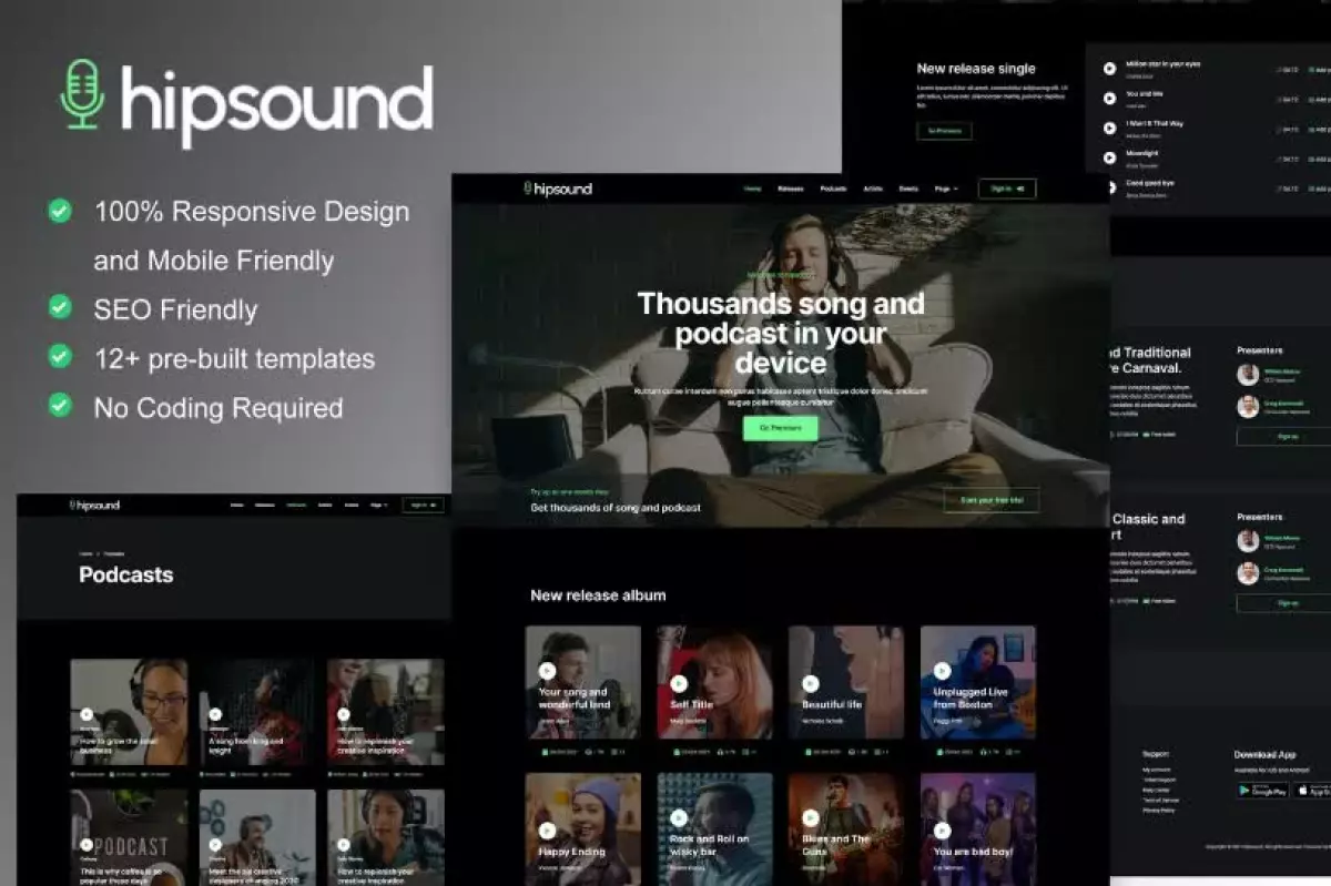 Hipsound - Music Streaming & Podcast Elementor Template