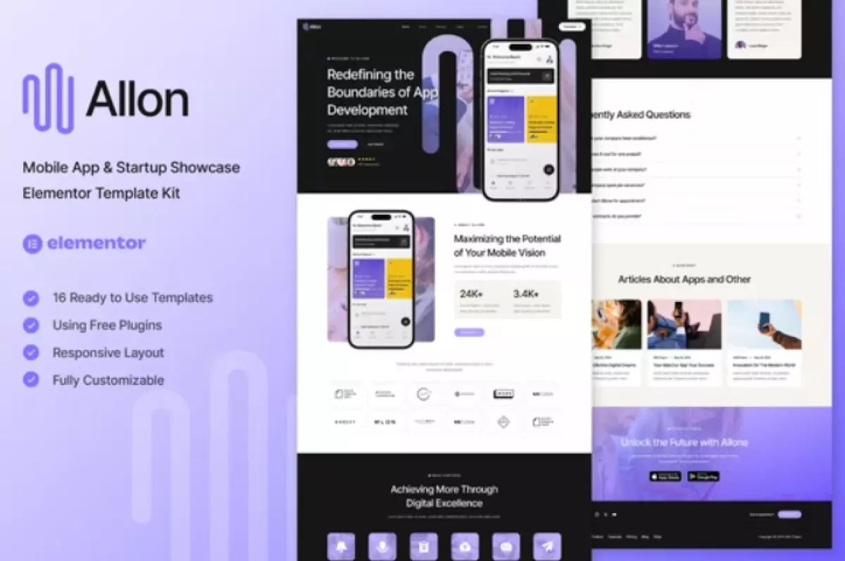 Allon - Mobile App &amp; Startup Showcase Elementor Template Kit