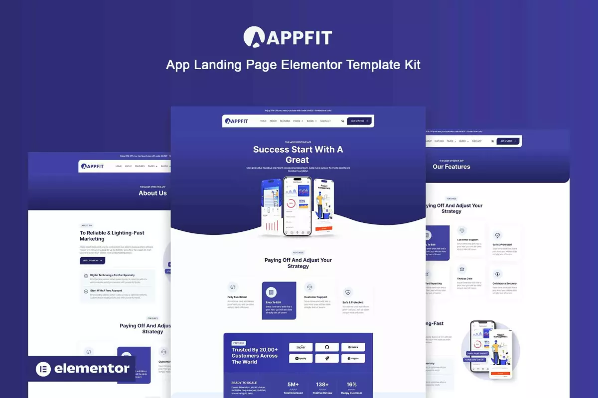 Appfit - App Landing Page Elementor Pro Template Kit