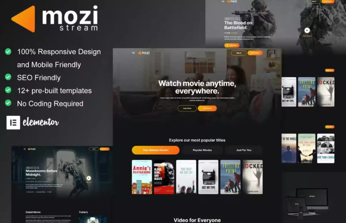 Mozi - Movie Streaming Service Elementor Template Kit