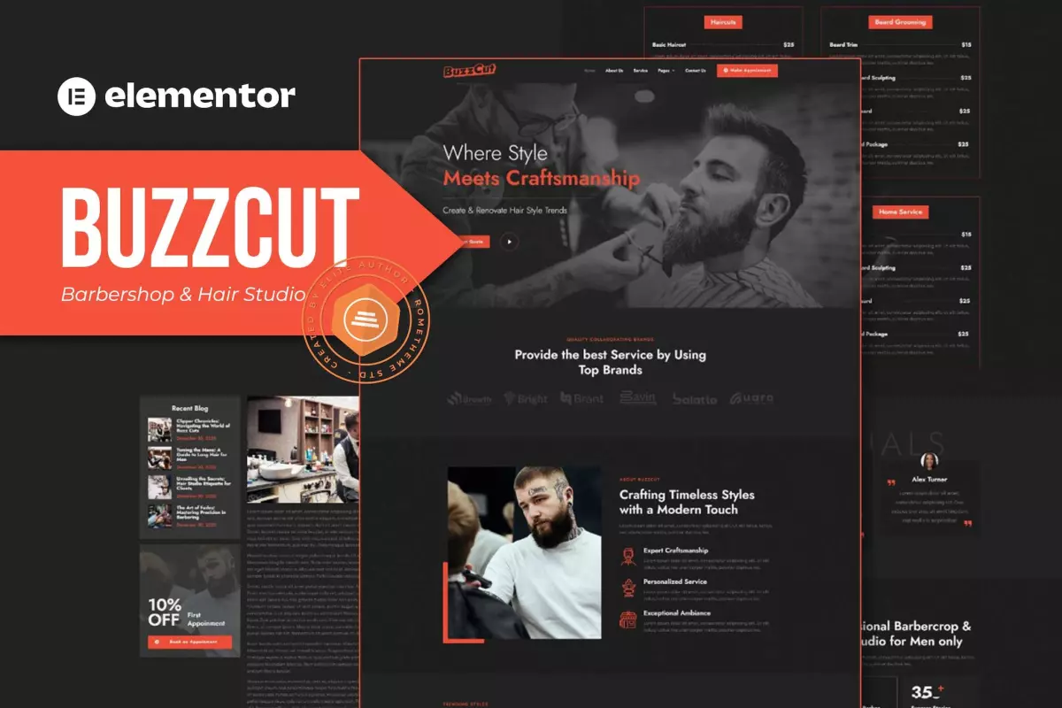 Buzzcut - Barbershop &amp; Hair Studio Elementor Pro Template Kit