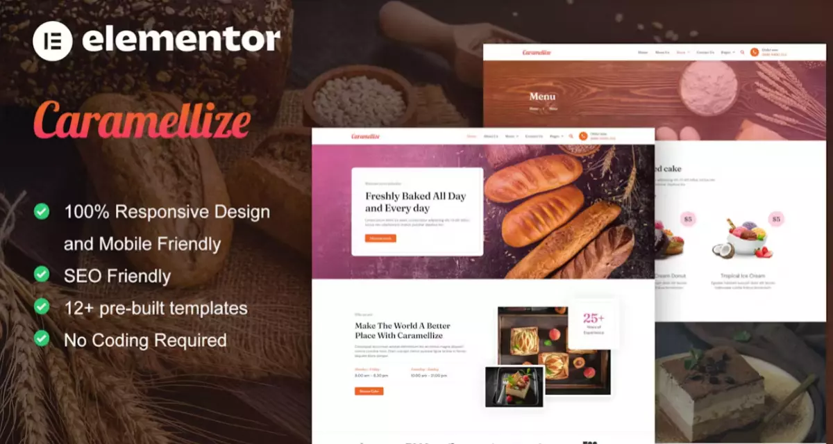 Caramellize – Bakery &amp; Pastry Elementor Pro Template Kit