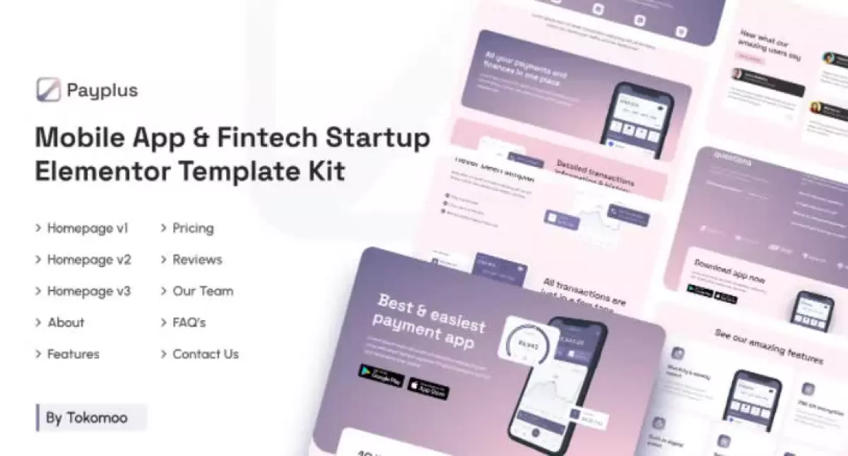 Payplus | Mobile App & Fintech Startup Elementor Template