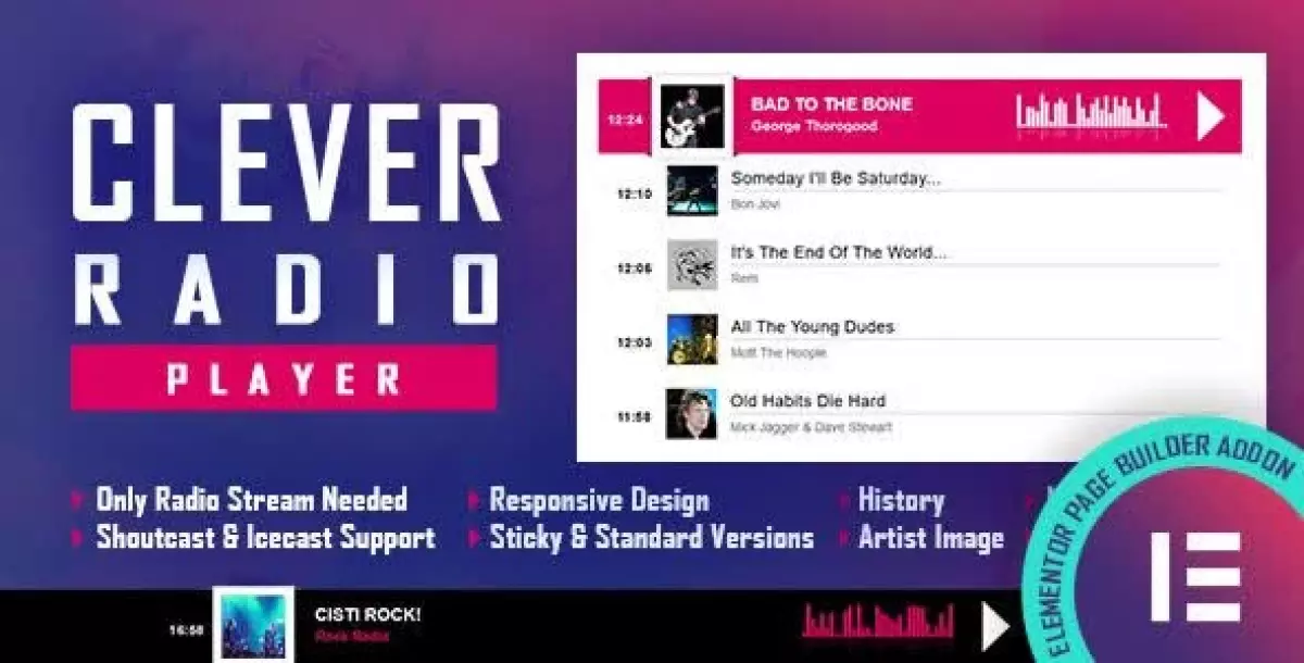 CLEVER - HTML5 Radio Player With History - Shoutcast and Icecast - Elementor Widget Addon 2.4.1